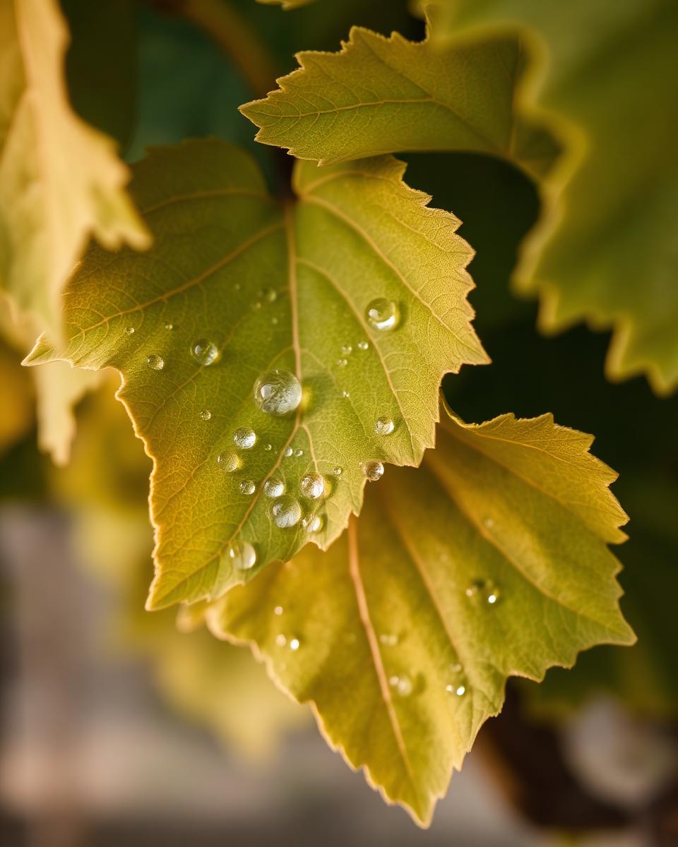 Vine leaves with morning dew in Valle de Guadalupe